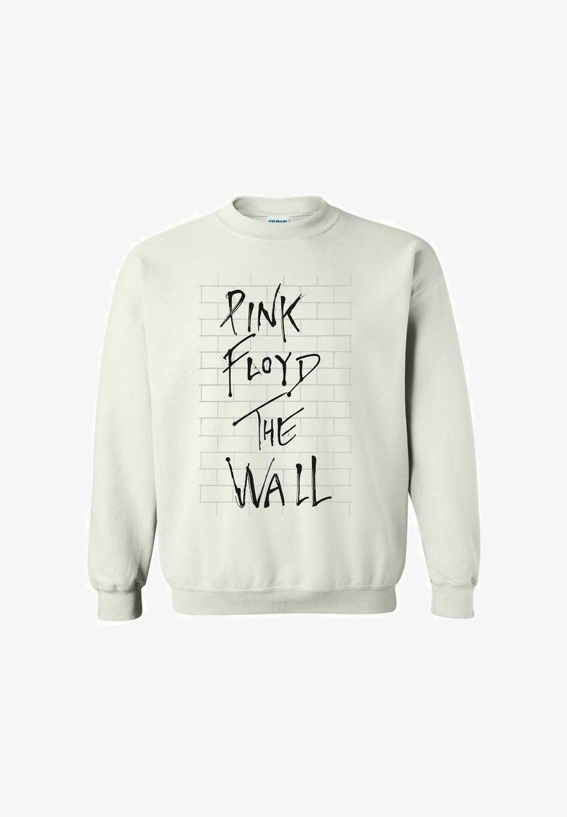Lys grå sweatshirt med et grafisk trykk av en murvegg med "PINK FLOYD THE WALL" i fet svart tekst. Rund hals og lange ermer.