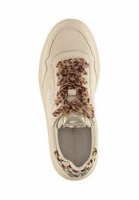 Beige sneaker with chunky sole, leopard print fabric laces, and leopard patterned heel collar, shown from top view.