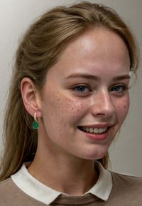 Gold hoop earrings with an oval green gemstone, accented by small clear stones, worn by a person with light brown hair and a beige top.