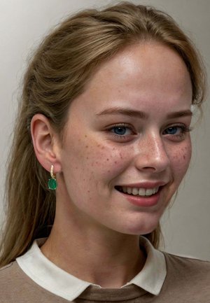 Gold hoop earrings with an oval green gemstone, accented by small clear stones, worn by a person with light brown hair and a beige top.