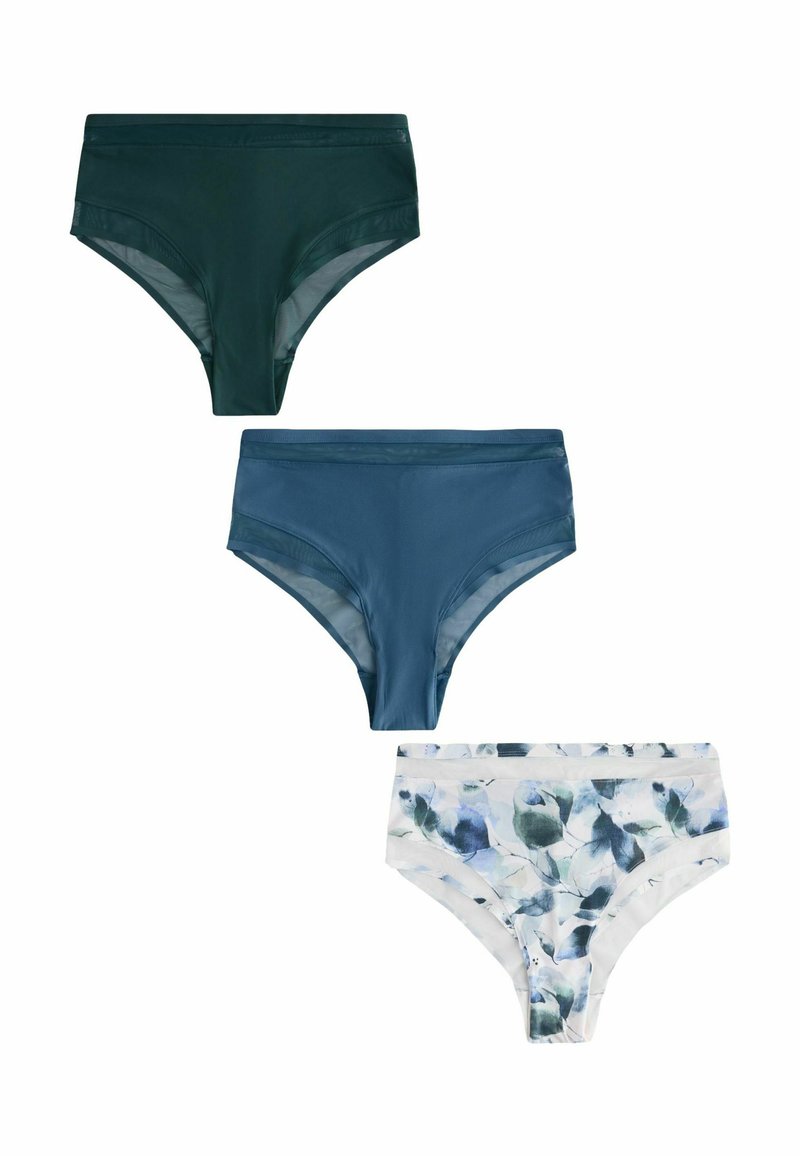 Ensemble de trois culottes pour femmes : vert foncé, bleu uni et blanc avec un motif floral bleu. Chacune présente une coupe classique et une texture lisse.