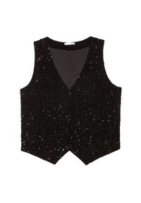 Czarna kamizelka z cekinami w dekolcie w kształcie litery V, z teksturową powierzchnią i niepodszewkowanym wnętrzem. Krawędzie na dole mają szpiczasty kształt.