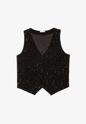 Black sequin vest with a V-neck design, featuring a textured surface and an unlined interior. The edges are pointed at the bottom.
