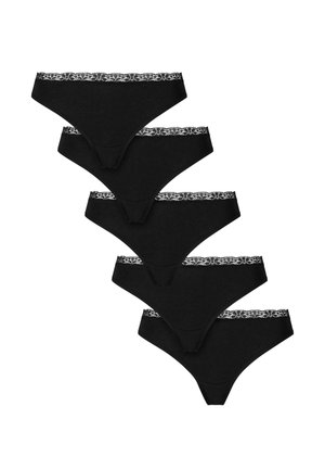 Black cotton panties, featuring a delicate white lace waistband, five pairs stacked, smooth texture, classic design, and triangular shape.