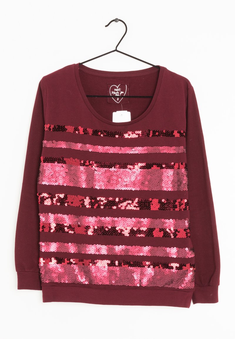 Bordowy sweatshirt z poziomymi paskami cekinów w różnych odcieniach różu i czerwieni, z długimi rękawami i okrągłym dekoltem.