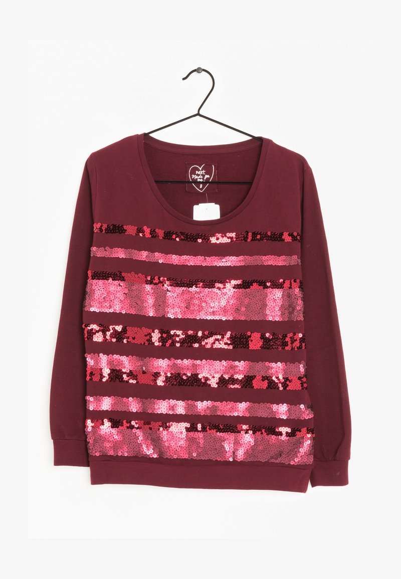 Maglione marezzato color bordeaux con strisce orizzontali di paillettes in diverse tonalità di rosa e rosso, maniche lunghe e scollatura rotonda.