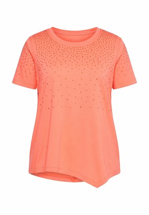 MIAMODA, RHINESTONED ASYMMETRIC POINTED HEM TEE - T-shirt print - coral