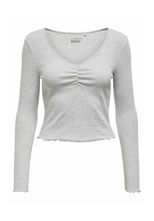 Top grigio a maniche lunghe con scollo a V, dettaglio centrale arricciato e design cropped con orlo sfrangiato. Texture morbida e a coste.