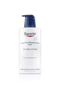 Eucerin UreaRepair Plus 5% Urea Lotion with blue pump cap, white plastic bottle, features urea, ceramide, and NMF, labeled for dry, rough skin.