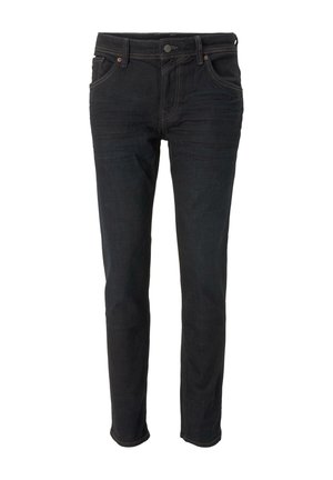 Svart denimjeans med slim fit, som har orange sömmar, fickor fram och en metallknäppning i midjan.