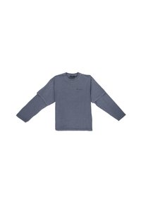 Szary longsleeve z okrągłym dekoltem, o luźnym kroju, z nierównym dolnym wykończeniem i subtelnym logo na piersi. Wykonany z miękkiej bawełny.