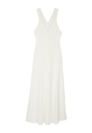 Witte mouwloze maxi-jurk met V-hals, nauwsluitende kanten taille en geplooide rok met verticale strepen, weergegeven op een effen achtergrond.