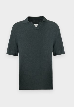 Kurzärmeliges Poloshirt in Dunkelgrün aus strukturiertem Strickstoff, mit klassischem Kragen und V-Ausschnitt. Schlichte und elegante Silhouette.