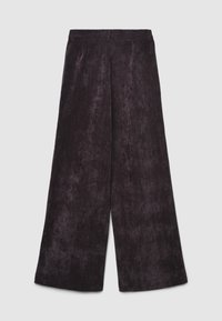 Weite Hosen aus strukturiertem, dunkelviolettem Stoff. Verfügen über einen flachen Bund und keine sichtbaren Verschlüsse. Klare, schlichte Gestaltung.