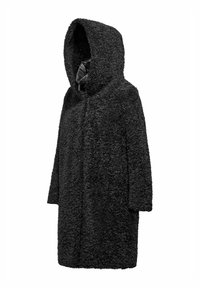 Zwarte hoodie jas gemaakt van een fuzzy stof, met een losse pasvorm, lange mouwen en een zachte binnenvoering. Geen sluitingen zichtbaar.