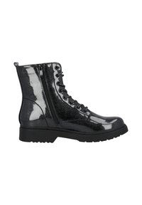 Botines negros con purpurina y un acabado liso y brillante. Cuentan con un diseño de cordones en la parte delantera y una cremallera lateral para un acceso fácil. Suela de goma gruesa.