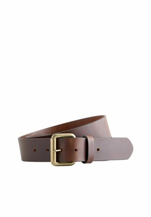 Brown leather belt with a brushed gold buckle. Features a smooth texture and standard hole placement for adjustable sizing.