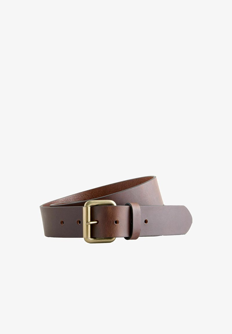 Brown leather belt with a brushed gold buckle. Features a smooth texture and standard hole placement for adjustable sizing.