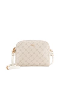 Beige crossbody taske med en struktureret overflade, der har et subtilt mønster, guld-tone hardware og en justerbar hvid rem.