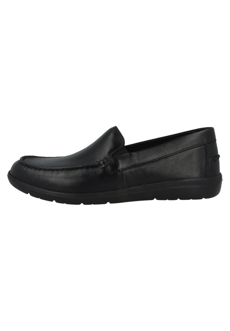 Black leather slip-on shoes featuring a smooth surface, rounded toe, and textured sides with a flexible rubber sole.