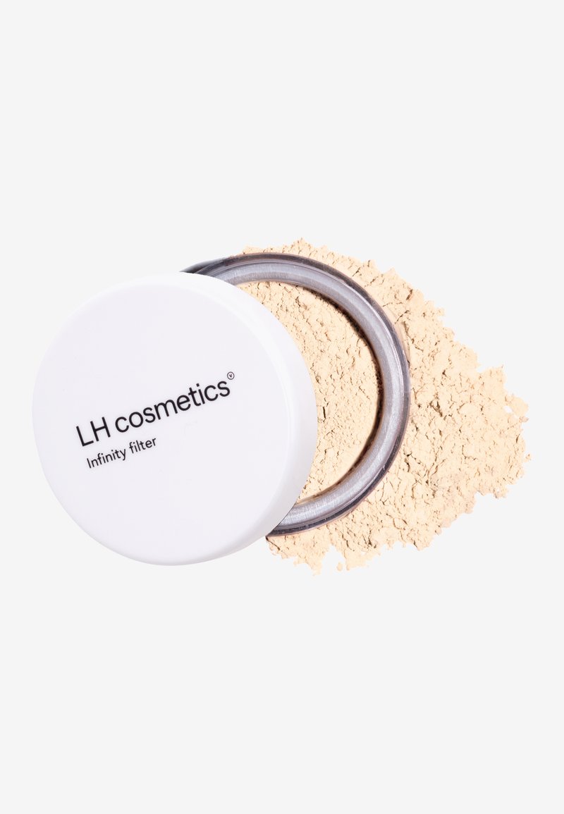 Hvit rund krukke med sølvkant, merket "LH cosmetics Infinity filter," inneholdende løs beige pudder som har sølt ut ved siden av.
