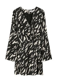 Robe portefeuille noire avec motif abstrait blanc, manches longues, encolure en V, détail noué à la taille et texture de tissu douce.