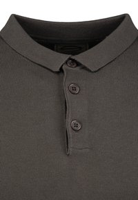 Polo shirt grigio scuro con colletto a costine, dotato di tre bottoni marroni e un tessuto dalla texture particolare. Focalizzazione sui dettagli del colletto e dei bottoni.