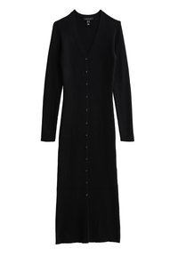 Robe en maille côtelée noire avec manches longues, décolleté en V, fermeture à boutons sur le devant et longueur mi-mollet. Tissu texturé offrant une coupe ajustée.