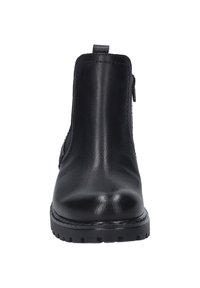 Czarne skórzane botki za kostkę z elastycznymi bocznymi panelami, okrągłym czubkiem i teksturowanym wykończeniem. Posiadają solidną gumową podeszwę oraz pętelkę na tylnej części.