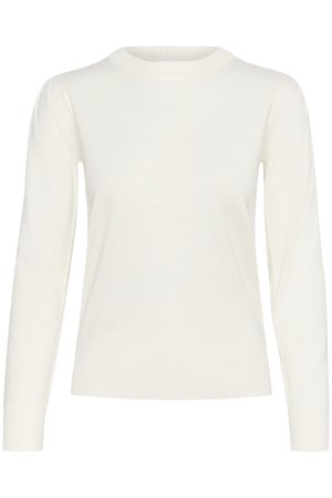Suéter blanco de manga larga con cuello redondo acanalado y puños, textura de punto suave y silueta ajustada.