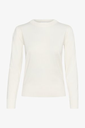 Pull blanc à manches longues avec un col rond côtelé et des poignets, texture tricotée lisse et silhouette ajustée.