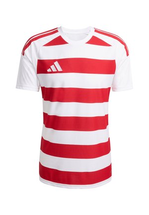 Kurzärmliges Sportshirt mit roten und weißen horizontalen Streifen und Adidas-Logo auf der Brust.