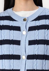 Hellblauer Strickcardigan mit marineblauen horizontalen Streifen, mit rundem Ausschnitt, Vorderknöpfen und strukturierten Zopfmustern.