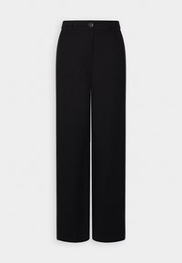 Pantalons larges à taille haute noirs avec fermeture à bouton et zip à l'avant, passants de ceinture, présentés sur fond blanc uni.