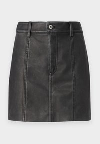 Black faux leather mini skirt with belt loops, front seams, and a button closure at the waist. Smooth texture with a matte finish.