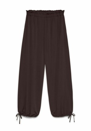 Pantalon ample marron foncé avec taille élastique et cordons ajustables aux chevilles.