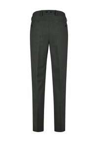 Graue gemusterte Hosen mit taillierter Passform, zwei Gesäßtaschen und Gürtelschlaufen. Aus gewebtem Material für einen strukturierten Look gefertigt.