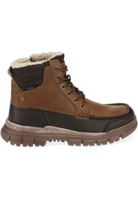 Brown leather ankle boot with a textured dark brown upper, faux fur lining, and rubber sole; features metal eyelets and laces.