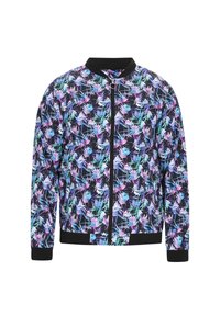 Bomberjack met een zwarte achtergrond en een bloemenpatroon in blauw, roze en groen. Ribgebreide kraag en manchetten, voorzijde met rits. 