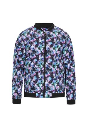 Bomber dzseki, fekete háttérrel, kék, rózsaszín és zöld virágmintával. Bordás gallér és mandzsetta, elöl cipzáras záródás.