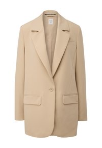Beiger taillierter Blazer, Ein-Knopf-Verschluss, breite Revers, zwei Fronttaschen, glattes Material, ungefüttert, moderner Schnitt, keine Muster oder Akzente.