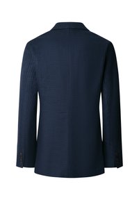 Marineblauer Herrenblazer mit dezentem Karomuster, langen Ärmeln mit geknöpften Manschetten und Reverskragen, von hinten gezeigt.