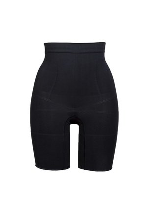 Shorts de shapewear noirs taille haute avec une texture lisse, une couverture totale et des coutures renforcées. Conçus pour le confort et le soutien, longueur mi-cuisse.