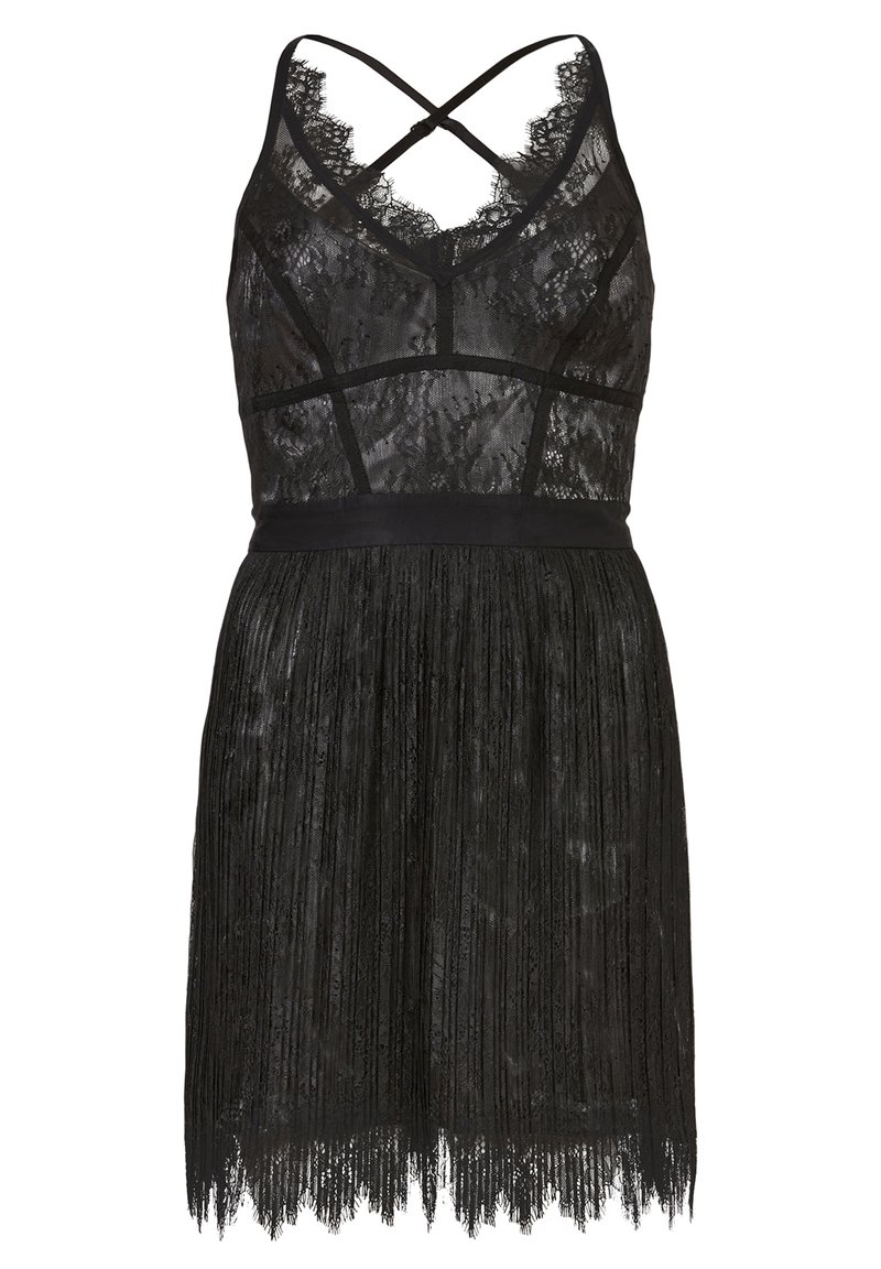 Schwarzes Spitzenkleid mit V-Ausschnitt, verstellbaren Kreuzträgern und einem plissierten Fransenrand. Durchsichtiger Stoff mit einer taillierten Passform.
