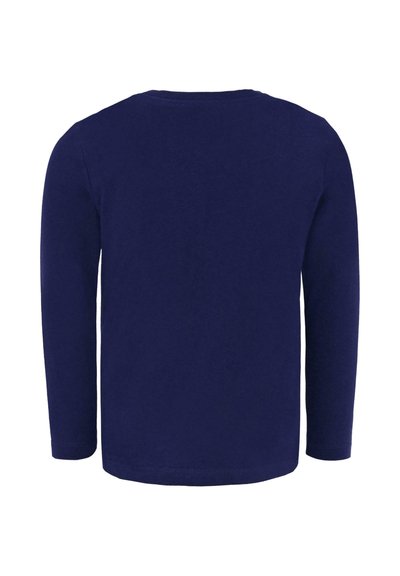 Marineblauwe longsleeve shirt, ronde halslijn, gemaakt van een zachte stof, met een eenvoudig ontwerp zonder patronen of accenten. Achteraanzicht benadrukt.
