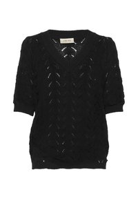 Haut noir en maille avec un col en V, des manches courtes bouffantes et un motif texturé à points ouverts en forme de chevrons. Étiquette de marque visible.