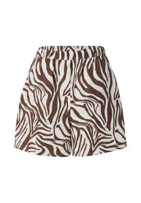 Bruine en witte zebra print shorts met een elastische tailleband. Gemaakt van lichtgewicht stof, met een losse pasvorm en schone randen.
