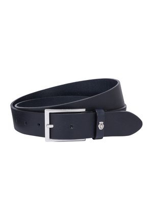 Black leather belt with a silver metal buckle, featuring a smooth texture and holes for adjustment; includes a small accent detail near the buckle.