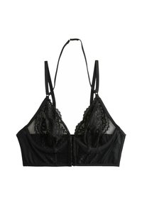 Juoda braletė su nėrinių apdaila, tinkliniais elementais ir priekiniu užsegimu. Reguliuojami petnešėlės ir struktūrinis dizainas užtikrina geresnį prigludimą.