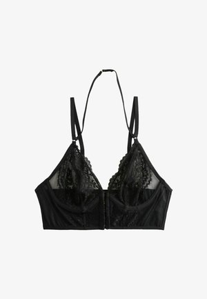 Bralet negru cu dantelă, panouri din plasă și închidere frontală cu agrafă. Bretele reglabile și un design structurat îmbunătățesc potrivirea.